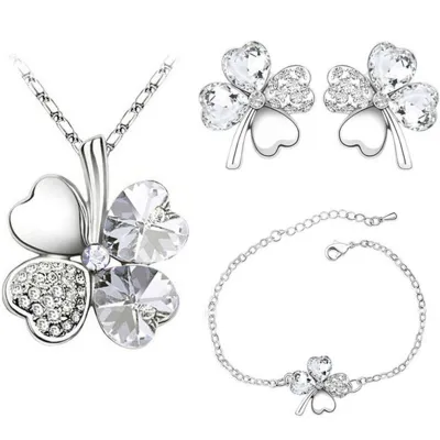 Lucky Clover Crystal Decor Necklace Earrings Bracelet Set for Women