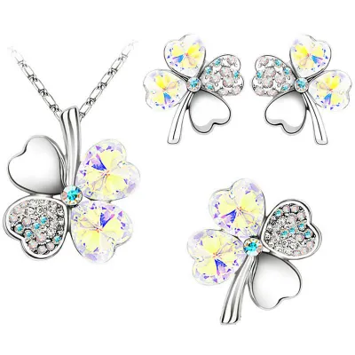 Lucky Clover Crystal Decor Necklace Earrings Bracelet Set for Women
