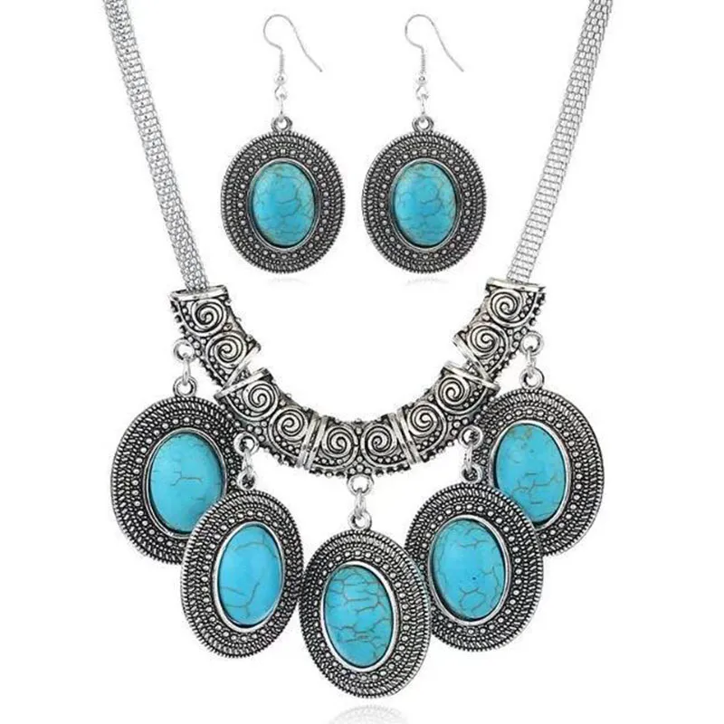 Vintage Turquoise Gemstone Decor Necklace Earrings Set