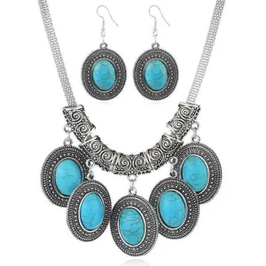 Vintage Turquoise Gemstone Decor Necklace Earrings Set
