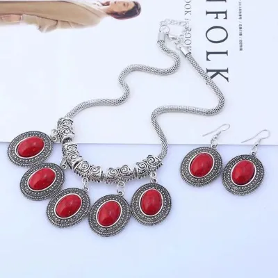 Vintage Turquoise Gemstone Decor Necklace Earrings Set
