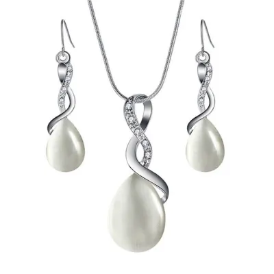 Fashion Opal Water Drop Pendant Earrings Necklace Set for Women, Alloy Zircon Snake Chain Jewelry Set