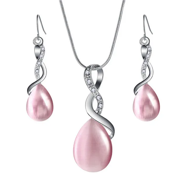 Fashion Opal Water Drop Pendant Earrings Necklace Set for Women, Alloy Zircon Snake Chain Jewelry Set