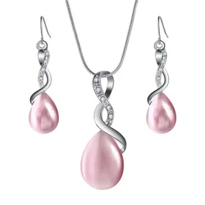 Fashion Opal Water Drop Pendant Earrings Necklace Set for Women, Alloy Zircon Snake Chain Jewelry Set