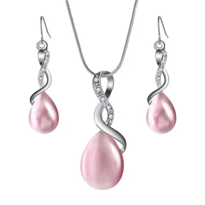Fashion Opal Water Drop Pendant Earrings Necklace Set for Women, Alloy Zircon Snake Chain Jewelry Set