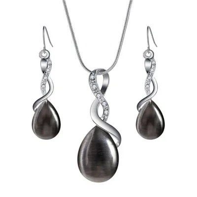 Fashion Opal Water Drop Pendant Earrings Necklace Set for Women, Alloy Zircon Snake Chain Jewelry Set
