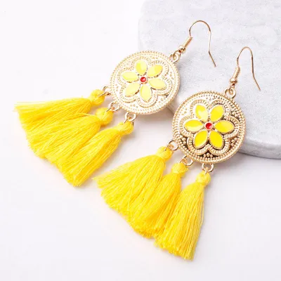 Flower Pattern Design Alloy Tassel Pendant Hook Earrings