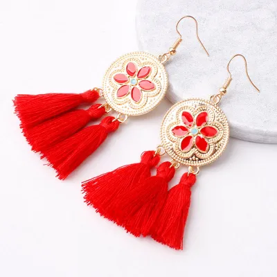Flower Pattern Design Alloy Tassel Pendant Hook Earrings