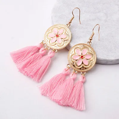 Flower Pattern Design Alloy Tassel Pendant Hook Earrings