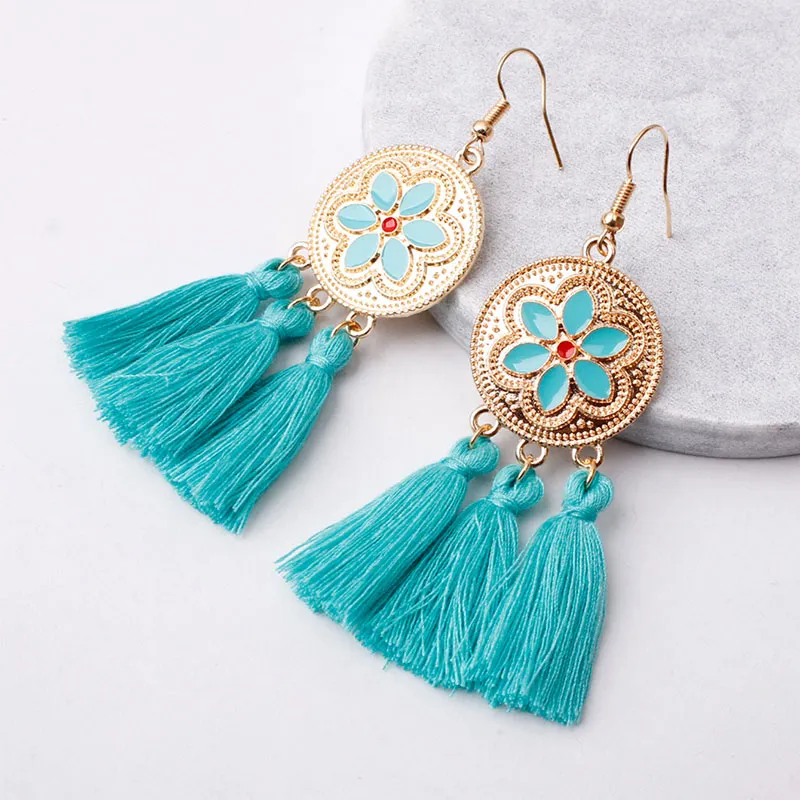 Flower Pattern Design Alloy Tassel Pendant Hook Earrings