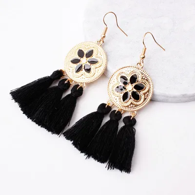 Flower Pattern Design Alloy Tassel Pendant Hook Earrings