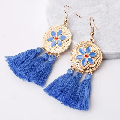 Flower Pattern Design Alloy Tassel Pendant Hook Earrings