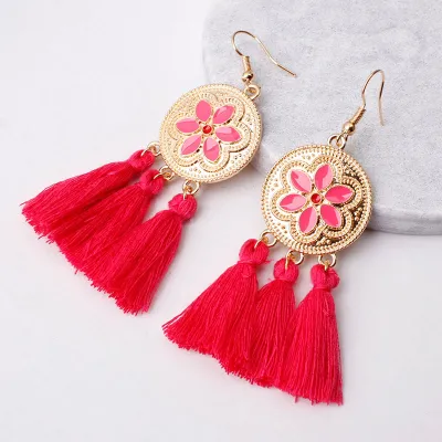 Flower Pattern Design Alloy Tassel Pendant Hook Earrings