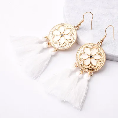 Flower Pattern Design Alloy Tassel Pendant Hook Earrings