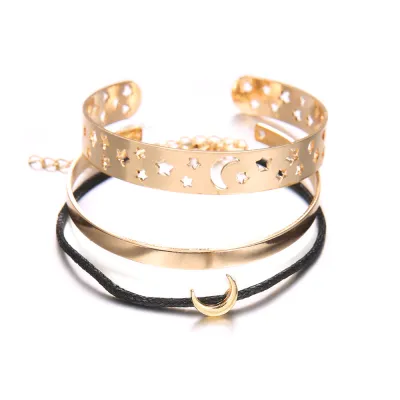 Vintage Hollow Out Star Moon Alloy Wax Rope Bracelets Set