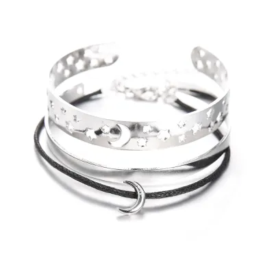 Vintage Hollow Out Star Moon Alloy Wax Rope Bracelets Set