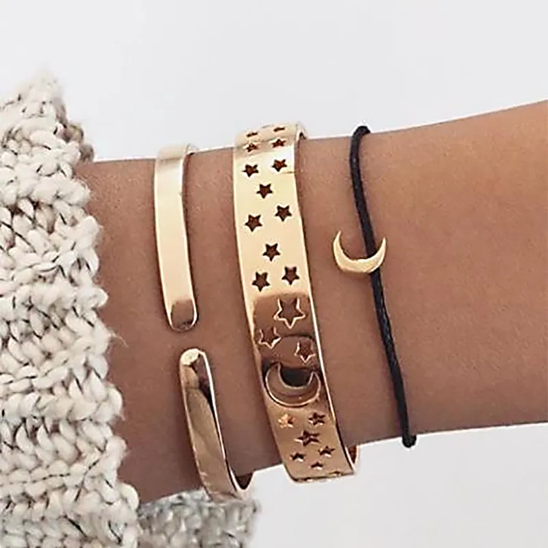 Vintage Hollow Out Star Moon Alloy Wax Rope Bracelets Set