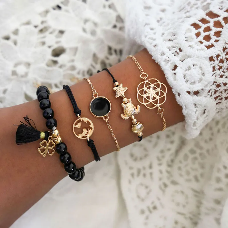 Vintage Hollow Out Map Turtle Charm Tassel Pendant Bracelets Set for Women