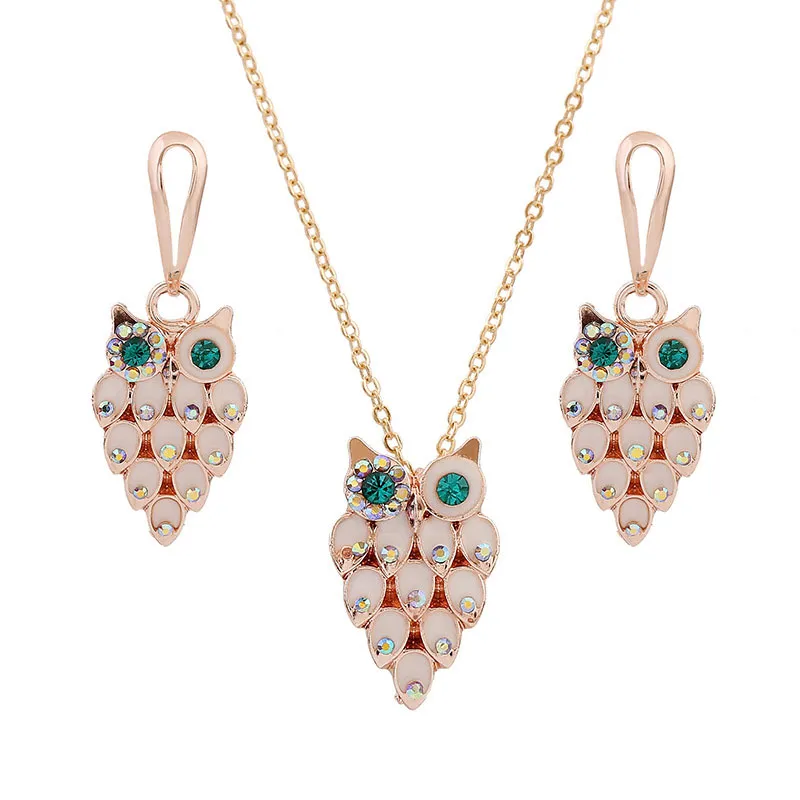 Creative Owl Pendant Design Opal Decor Necklace Earrings Set