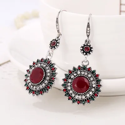 Ethnic Style Sun Flower Pendant Hook Earrings Women Alloy Rhinestones