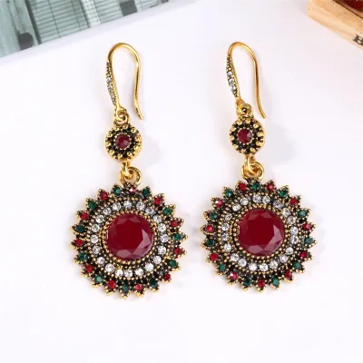 Ethnic Style Sun Flower Pendant Hook Earrings Women Alloy Rhinestones