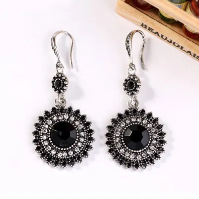Ethnic Style Sun Flower Pendant Hook Earrings Women Alloy Rhinestones