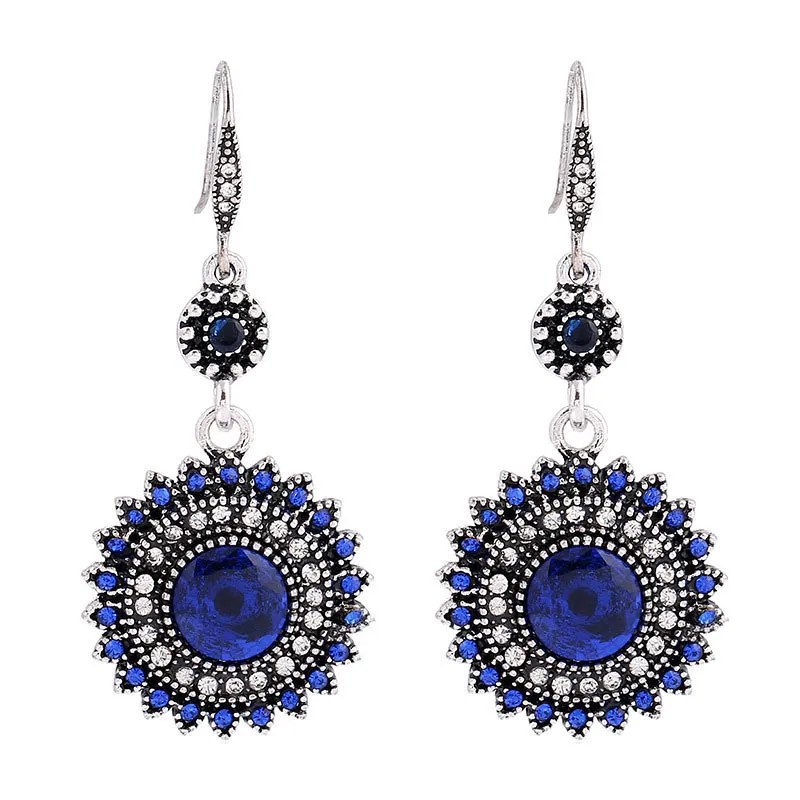 Ethnic Style Sun Flower Pendant Hook Earrings Women Alloy Rhinestones