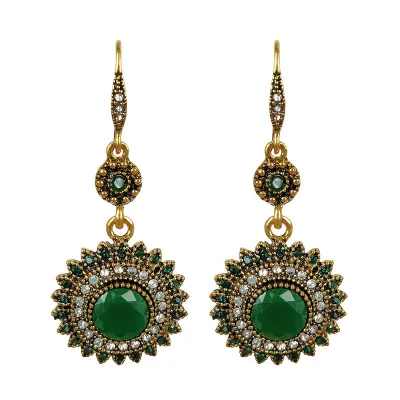 Ethnic Style Sun Flower Pendant Hook Earrings Women Alloy Rhinestones