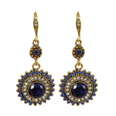 Ethnic Style Sun Flower Pendant Hook Earrings Women Alloy Rhinestones