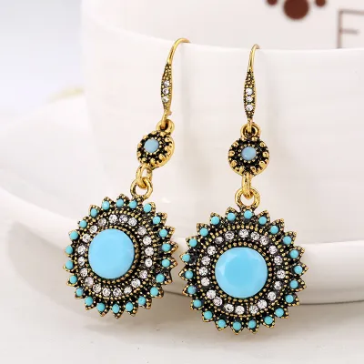 Ethnic Style Sun Flower Pendant Hook Earrings Women Alloy Rhinestones