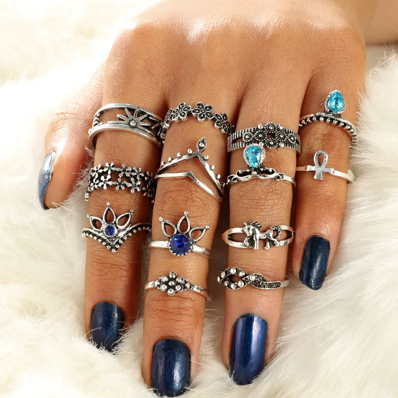 Water Drop Pony Unicorn Lotus Openwork Ring Set Ethnic Women's