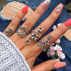 Vintage Flower Design Ring Set Alloy Women's