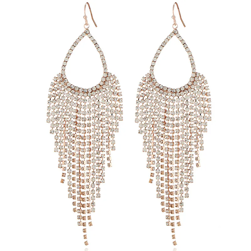 Temperamental Rhinestone Chain Decor Tassel Women's Metal Earrings