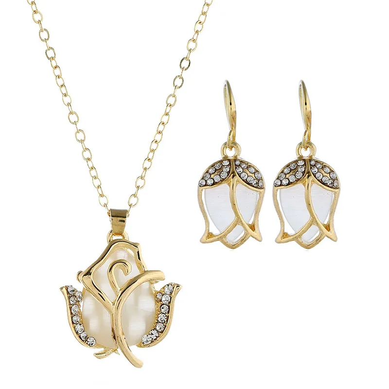 Tulip Pendant Design Opal Decor Necklace Earrings Set