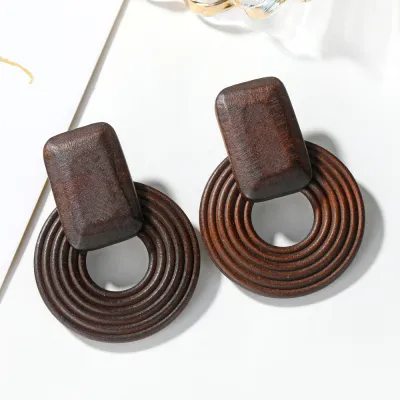 Creative Geometric Pattern Design Wooden Drop Earrings For Women
