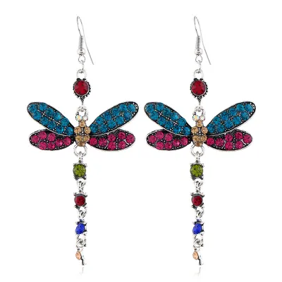 Vintage Dragonfly Rhinestone Dangle Earrings for Women