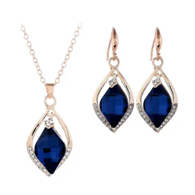 Geometric Pendant Blue Crystal Necklace Earrings Set