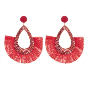 Geometric Water Drop Solid Color Tassel Earrings for Women Ethnic Style