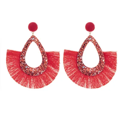 Geometric Water Drop Solid Color Tassel Earrings for Women Ethnic Style