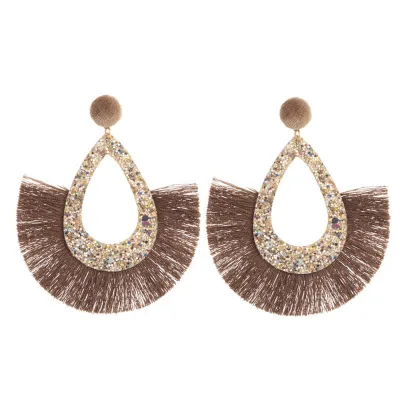 Geometric Water Drop Solid Color Tassel Earrings for Women Ethnic Style