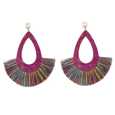 Geometric Water Drop Solid Color Tassel Earrings for Women Ethnic Style