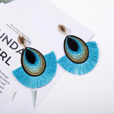 Ethnic Peacock Feather Design Fringed Tassle Drop Earrings for Women
