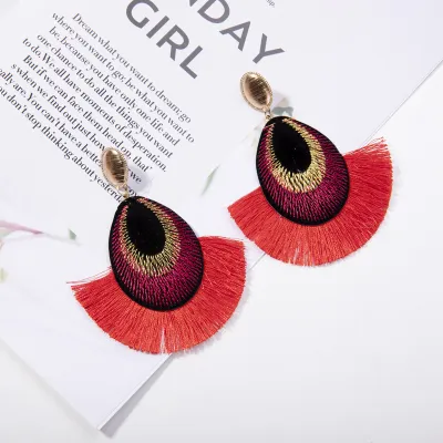 Ethnic Peacock Feather Design Fringed Tassle Drop Earrings for Women