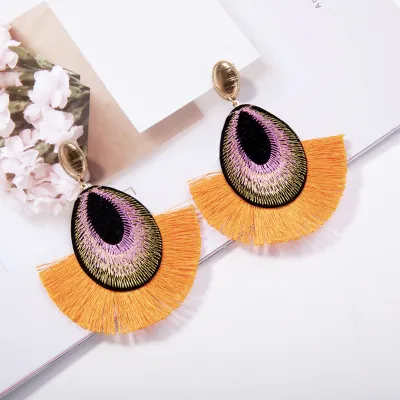 Ethnic Peacock Feather Design Fringed Tassle Drop Earrings for Women