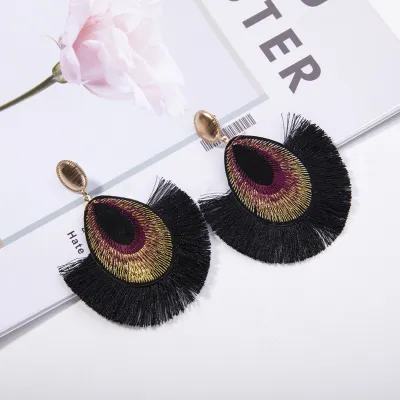 Ethnic Peacock Feather Design Fringed Tassle Drop Earrings for Women