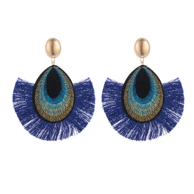 Ethnic Peacock Feather Design Fringed Tassle Drop Earrings for Women