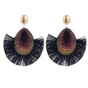 Ethnic Peacock Feather Design Fringed Tassle Drop Earrings for Women