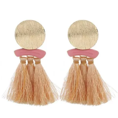 Vintage Round Metal Decor Long Section Tassel Earrings