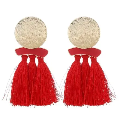 Vintage Round Metal Decor Long Section Tassel Earrings
