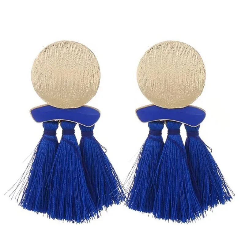 Vintage Round Metal Decor Long Section Tassel Earrings